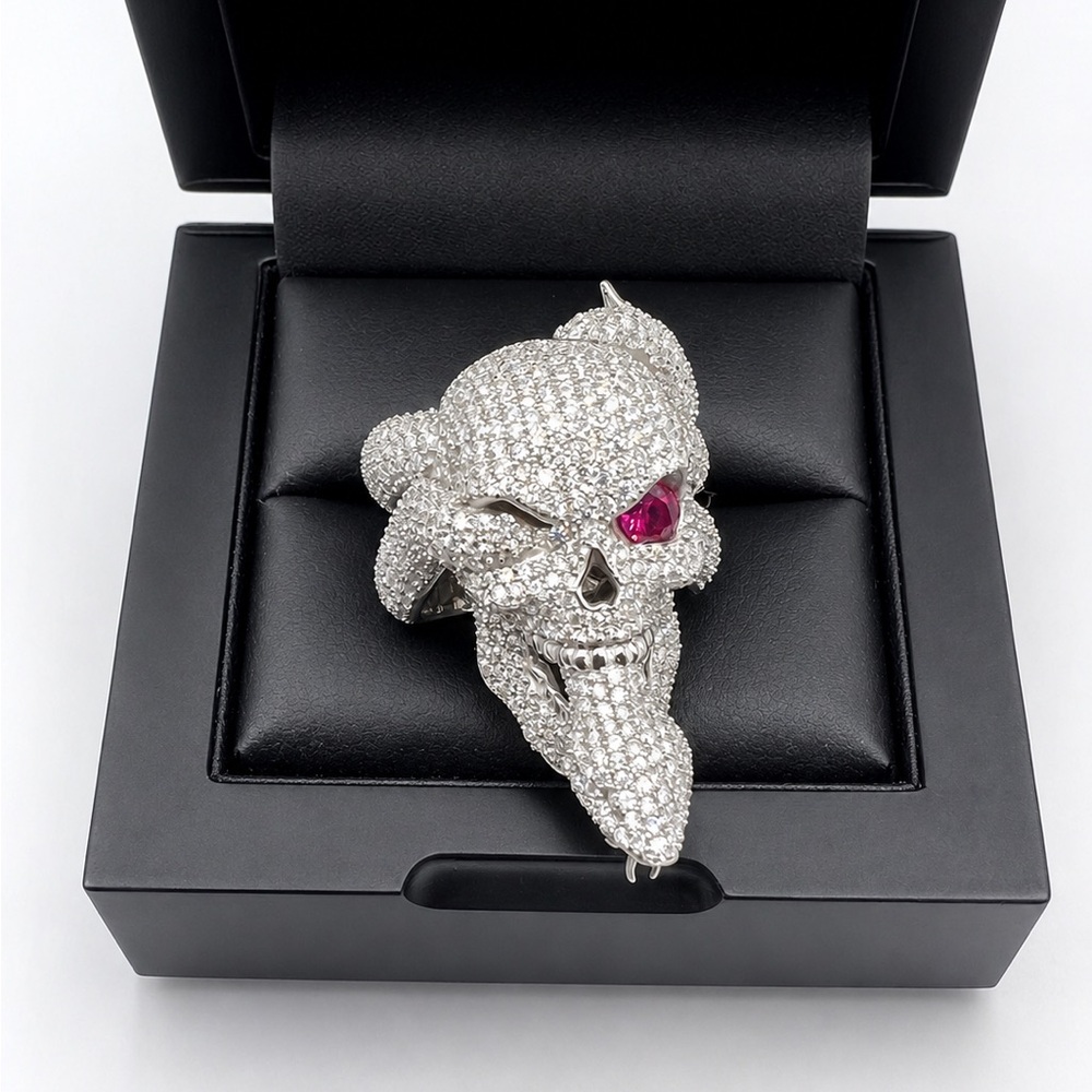 925 Sterling Silver Pave Snake Skull Ring Size 9 MOISSANITE 5.30CTW